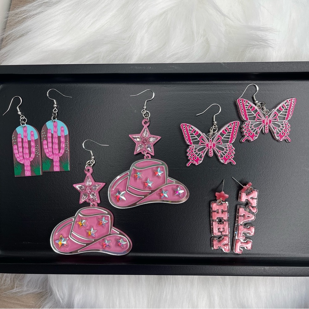 Set of 4 - Pink Cowgirl Acrylic Earrings